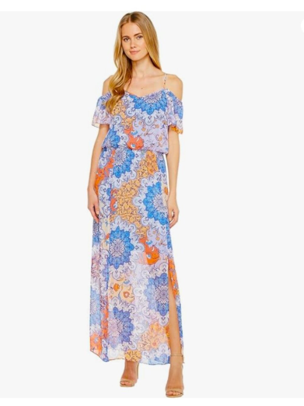 London Times Women's Cold Shoulder Chiffon Blue/Orange Maxi Dress, Sz. 6